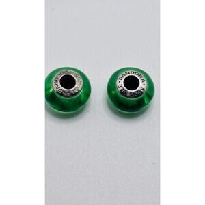 2 Authentic Pandora ALE Sterling Silver Green Disney Murano Glass Beads Charms